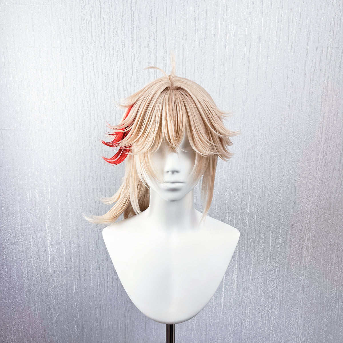 Genshin Impact Kaedehara Kazuha Cosplay Wig | Pre-Styled Layered Short Hair with Blonde Base & Red Streak Low Ponytail for Game Character Cosplay, Comic Con & Halloween Costume
