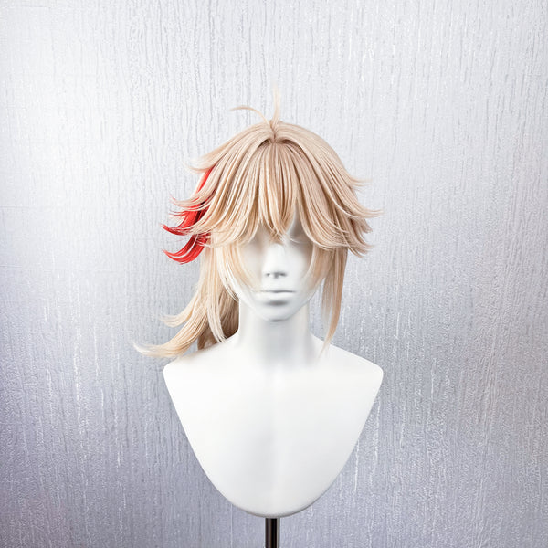 Genshin Impact Kaedehara Kazuha Cosplay Wig | Pre-Styled Layered Short Hair with Blonde Base & Red Streak Low Ponytail for Game Character Cosplay, Comic Con & Halloween Costume