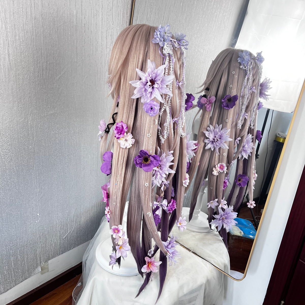 Black Tower Anti-Gravity Chinese Redesigned Wig | 12 Wire Supported, Full Flowers, Full Highlights, Butterfly Star Moon Ornaments