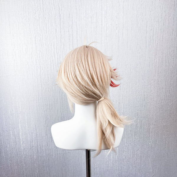 Genshin Impact Kaedehara Kazuha Cosplay Wig | Pre-Styled Layered Short Hair with Blonde Base & Red Streak Low Ponytail for Game Character Cosplay, Comic Con & Halloween Costume