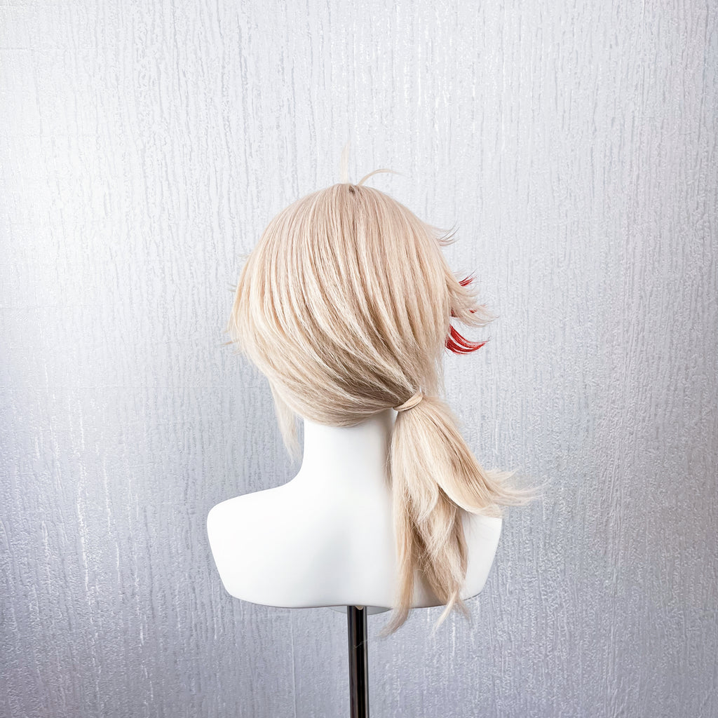 Genshin Impact Kaedehara Kazuha Cosplay Wig | Pre-Styled Layered Short Hair with Blonde Base & Red Streak Low Ponytail for Game Character Cosplay, Comic Con & Halloween Costume