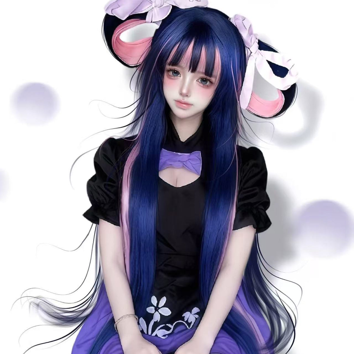 Genshin Impact Columbina Custom Wig, Black Burgundy Long Cosplay Wig, Handmade Wig