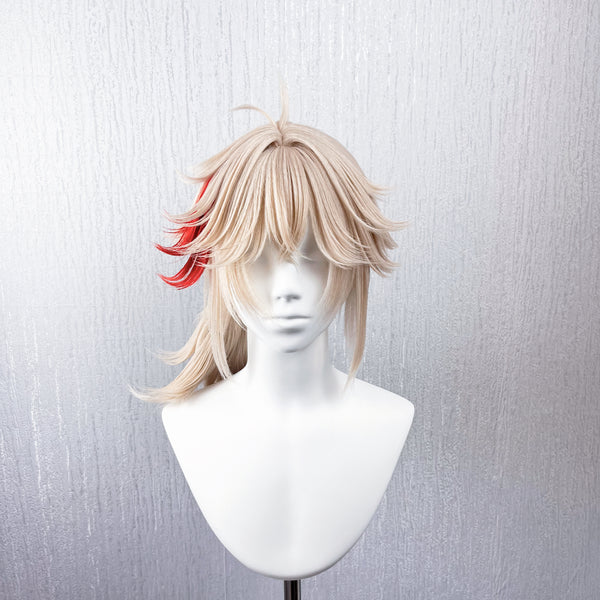 Genshin Impact Kaedehara Kazuha Cosplay Wig | Pre-Styled Layered Short Hair with Blonde Base & Red Streak Low Ponytail for Game Character Cosplay, Comic Con & Halloween Costume