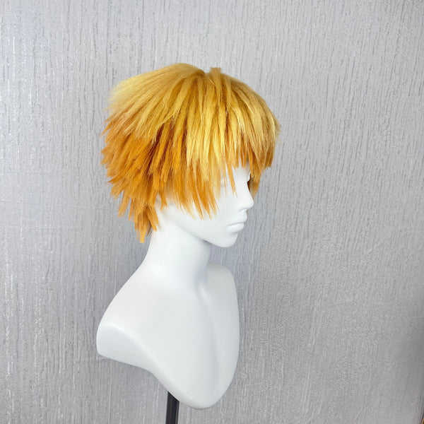 Agatsuma Zenitsu Demon Slayer Cosplay Wig, Hand Pre-Styled Yellow Orange Gradient Short Fluffy Wig with Fringe for Comic Con, Halloween and Anime Cosplay