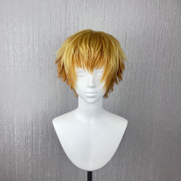 Agatsuma Zenitsu Demon Slayer Cosplay Wig, Hand Pre-Styled Yellow Orange Gradient Short Fluffy Wig with Fringe for Comic Con, Halloween and Anime Cosplay
