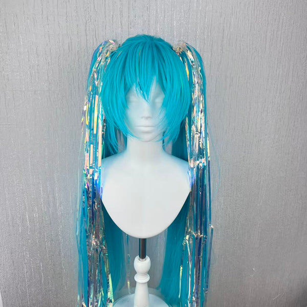 Hatsune Miku Wig Cosplay | Extra Long 100cm Twin Tails with Clip-On Ponytails | Realistic Scalp Effect Wig | Holographic Laser Fiber Hair for Anime Fans