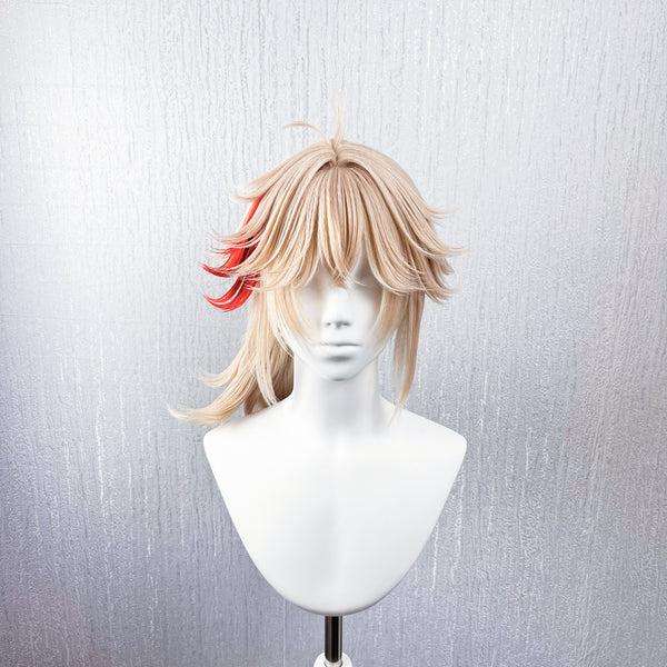 Genshin Impact Kaedehara Kazuha Cosplay Wig | Pre-Styled Layered Short Hair with Blonde Base & Red Streak Low Ponytail for Game Character Cosplay, Comic Con & Halloween Costume