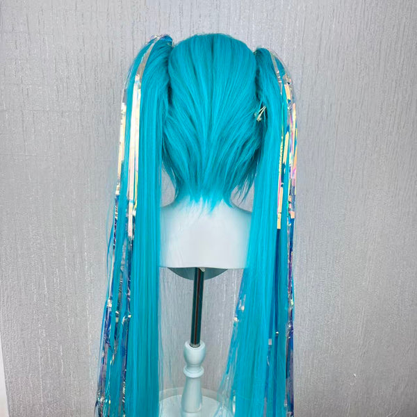 Hatsune Miku Wig Cosplay | Extra Long 100cm Twin Tails with Clip-On Ponytails | Realistic Scalp Effect Wig | Holographic Laser Fiber Hair for Anime Fans