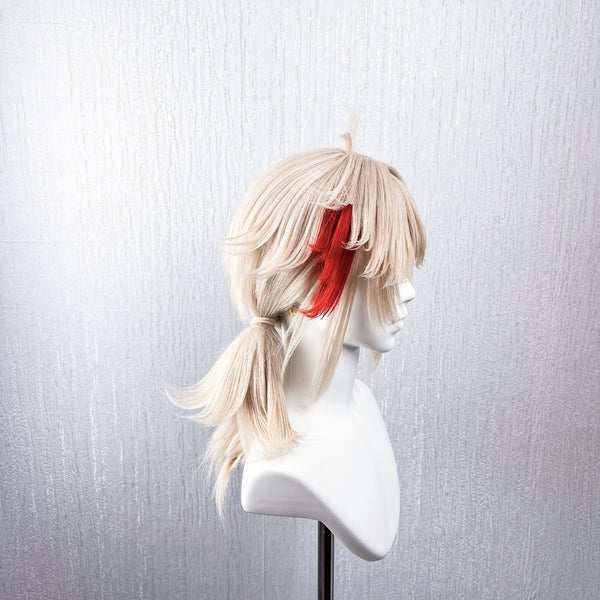 Genshin Impact Kaedehara Kazuha Cosplay Wig | Pre-Styled Layered Short Hair with Blonde Base & Red Streak Low Ponytail for Game Character Cosplay, Comic Con & Halloween Costume