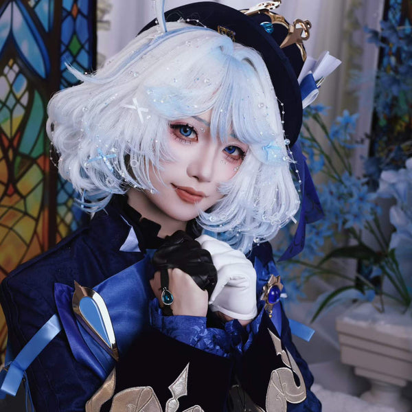 Genshin Impact Furina Custom Wig, White and Blue Layered Bob Cosplay Wig, Handmade Wig