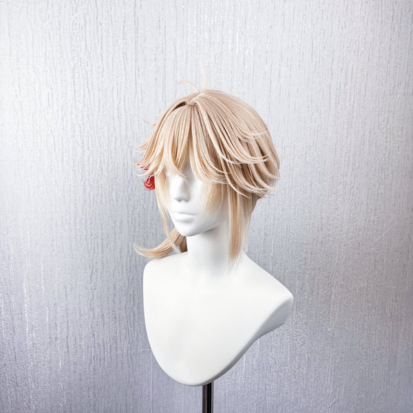 Genshin Impact Kaedehara Kazuha Cosplay Wig | Pre-Styled Layered Short Hair with Blonde Base & Red Streak Low Ponytail for Game Character Cosplay, Comic Con & Halloween Costume